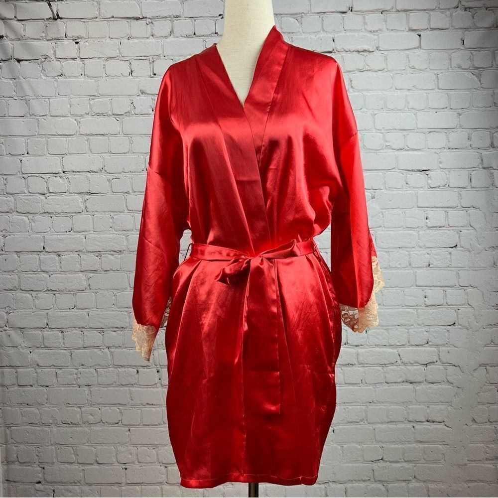 Fredricks of Hollywood Sexy Coral Satin Lace Trimmed Robe with Pockets & Belt